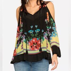 Johnny Was Black Floral Garden Cold Shoulder Top Boho Gypsy blouse Small